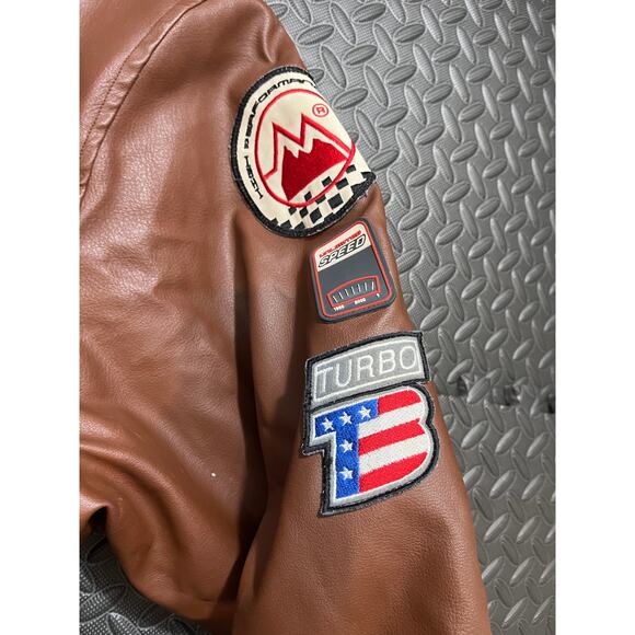 First Down Mens Vintage Racing Gear Bomber Jacket Flight Brown Patches Size XXL - Picture 5 of 14